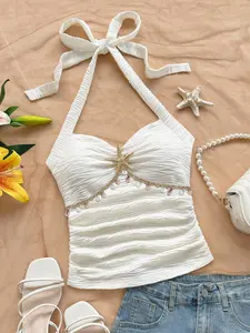 Women's Stylish Spring Summer Halter Top, Unique Textured Shell Lace Star Button Design, Comfortable Versatile Vest for Daily Wear