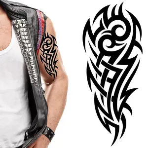 2x Sheets temporary Hawaiian tattoo Aztec Polynesian Samoan stick on black maori tribal body art sticker transfer for arms shoulder back for adult men and women luau party fancy dress