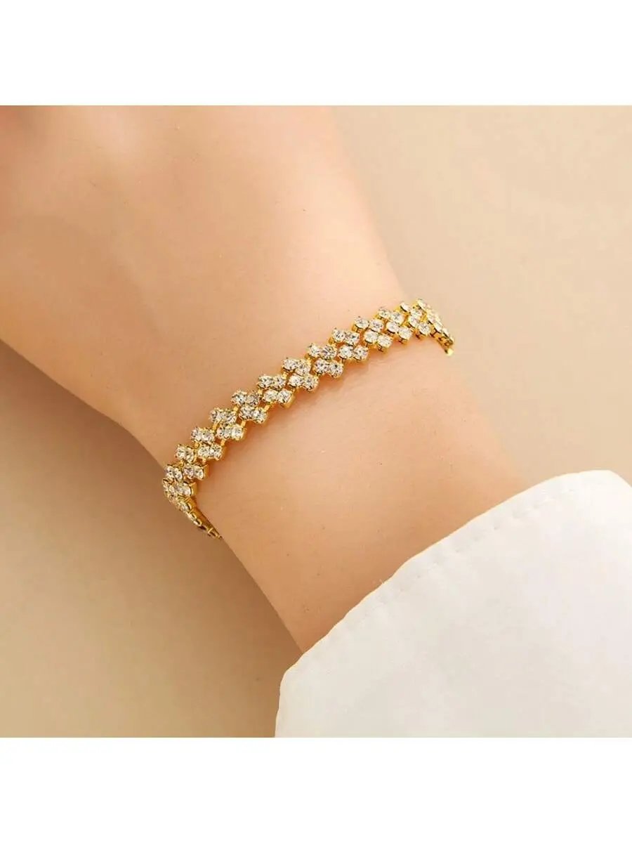 Women's Dainty Bedazzling Bejeweled Bling Aesthetic Water Diamond Rhinestone Bracelet-Bangle, Gold-Silver Tone Metal Coating, Daily Wear Fashion Jewelry, Ideal Gift for Friends, Accessories for Women