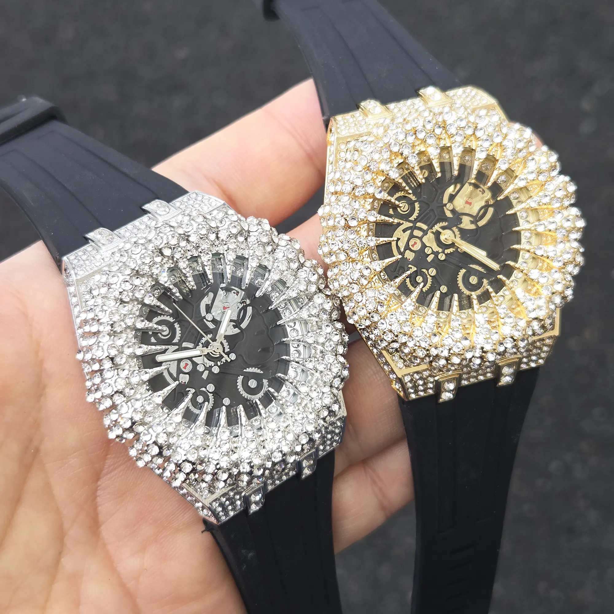 MaxBling81 Men's Luxury Diamond-Embellished Quartz Watch - Black Silicone Band, Simulated Diamond Iced Monster Teeth Bezel, Anti-Tarnishing, Crystal-Style, 2-Tone, Water-Resistant, Urban Unique Fashion Design, Diamond-Embellished Quartz Watches