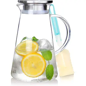 2.0 Liter 68oz Glass Pitcher with Lid, Easy Clean Heat Resistant Glass Water Carafe with Handle for Hot/Cold Beverages - Water, Cold Brew, Iced Tea & Juice, With 1 Long-Handled Brush Included