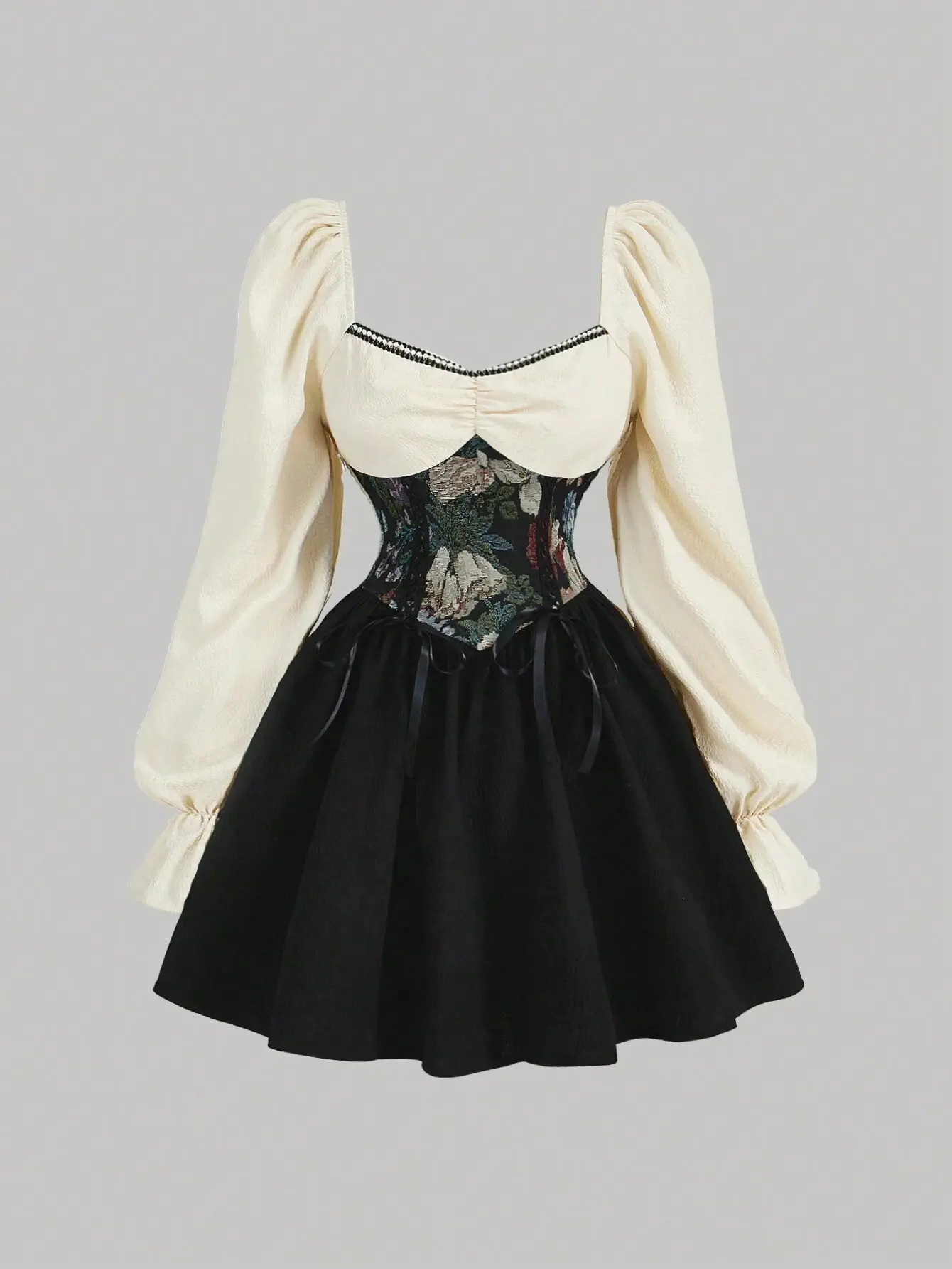 Square-neck puff long sleeves, jacquard corset with a cinched waist and boning, black puffy short skirt, retro imperial court style, for dates/parties