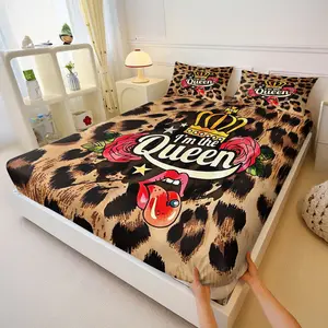 3Pcs Y2K Queen Leopard Floral Lips Fitted Sheet, Machine Washable High‑Stretch Bedding Sheets, Sassy Room Decor for Dorm Room, Small Apartment, Guest Room, No Filling.