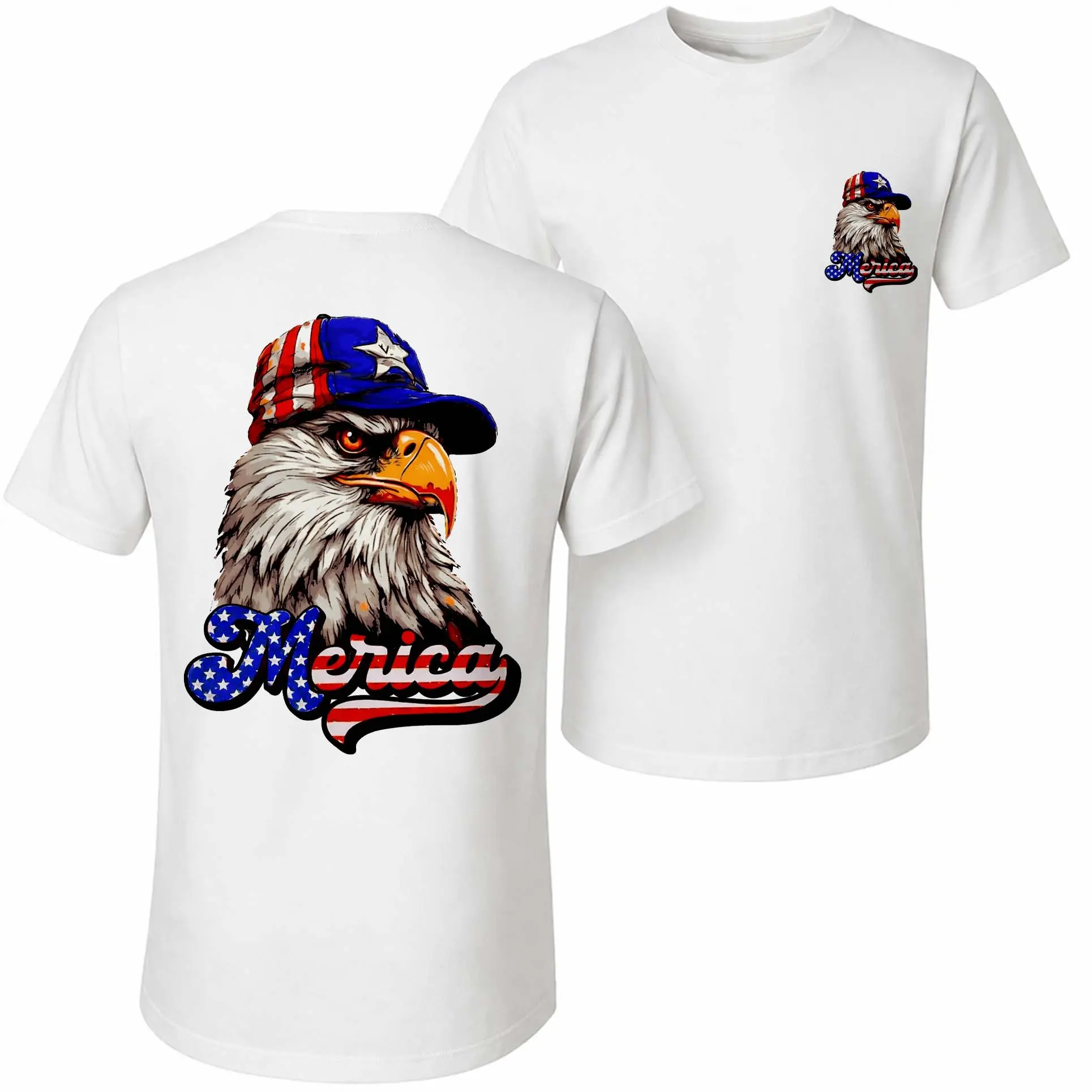 Men's Pure Cotton Short-Sleeve Shirt With American Eagle Print—A Unisex Casual Style Perfect For Spring And Summer; Featuring A Cool Graphic Design And A Classic Crew Neck, Suitable For All Four Seasons.