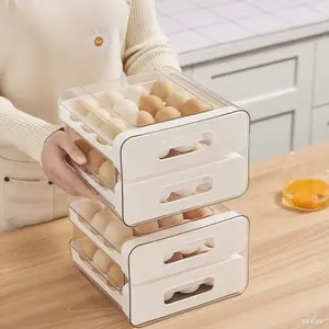 Double Drawer, 32-Egg Capacity.Stackable Egg Storage ContainerHolder for Refrigerator. Smooth Slideout Drawers. BPA-free.-(Beige)