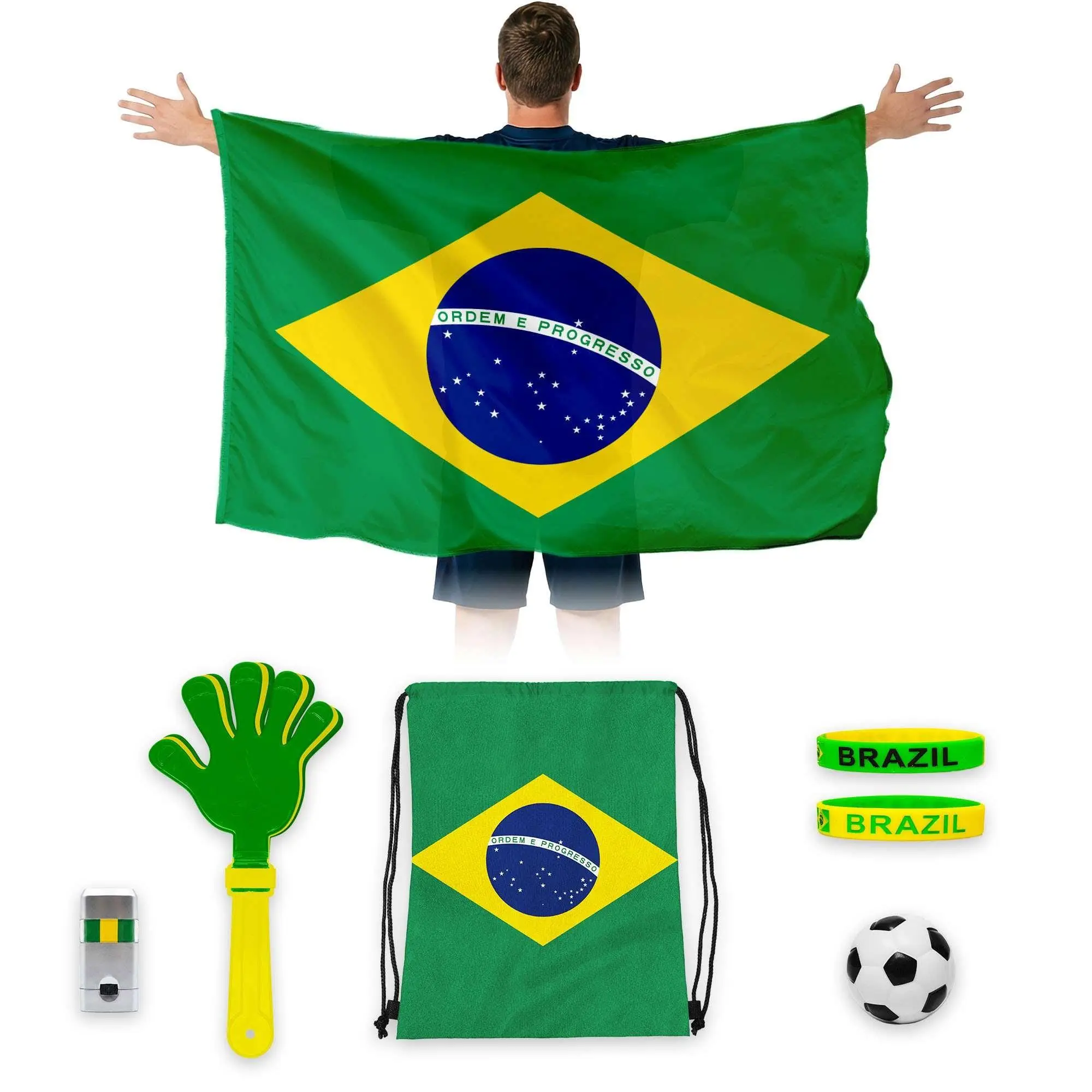 G128 World Soccer Tournament 2026 Cup Soccer Fan Set 6PCS, Brazil Fan Merch with Flag and Bracelet, Accessories for Sports Parties