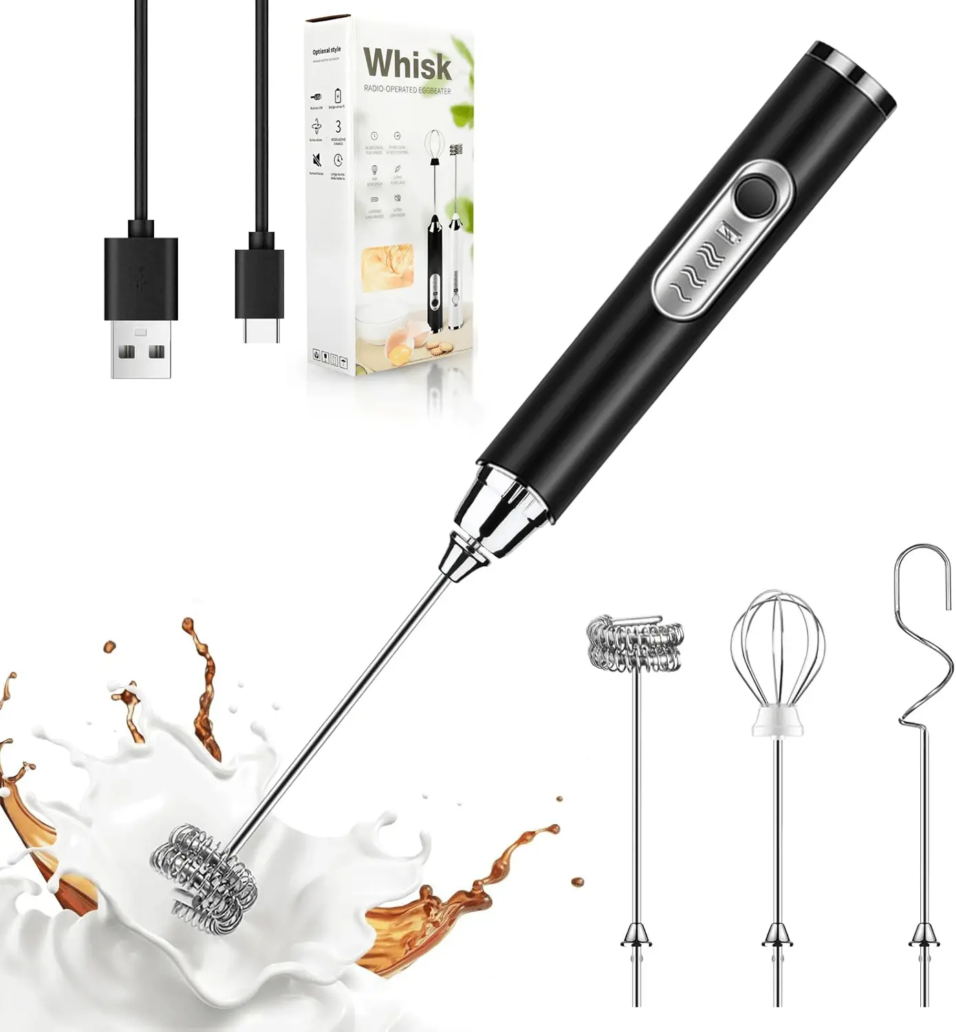 Milk Frother Handheld - Rechargeable Cordless USB Charge Electric Whisk with 3 Speed Settings, 3 Interchangeable Stainless Steel Heads, Compact Ergonomic Minimalist Multi-Use Mixer for Home Cooks, Coffee Prep, Easy to Use & Clean