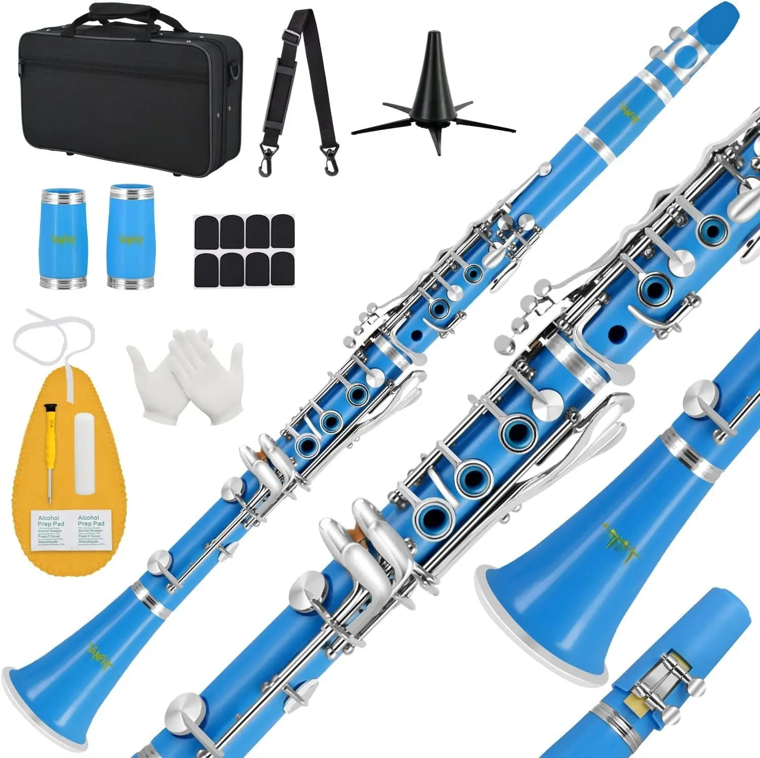 Clarinet For Beginners Students B Flat Clarinet 17  Clarinets with Case Stand Strap 2  8 Mouthpiece Cushion White Gloves Cleaning Kit(Blue)