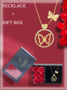 Women's Elegant Butterfly Design Pendant Necklace with Rose Gift Box, Exquisite Trendy Rhinestones Decor Pendant Necklace, Chic Jewelry As Gift for Girlfriend