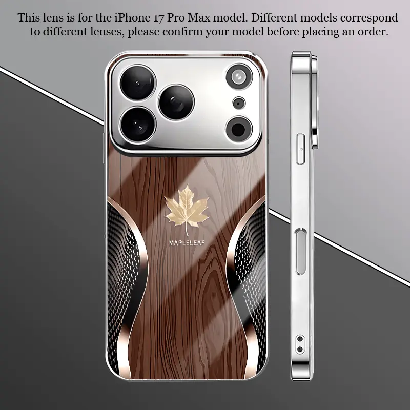 Phone Case - High-end, curved, gold maple wood grain tempered glass phone case for business use, compatible with iPhone 17, 16, 15, 14, 13, 12, and 11, as well as Samsung S and A series models. Features corner protection and camera protection.