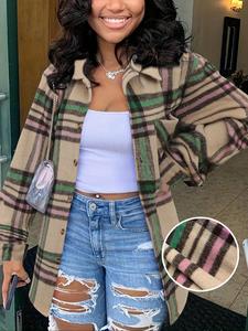 women's plaid print button front drop shoulder shirt, casual long sleeve pocket collared top for fall & winter, ladies clothes for daily wear