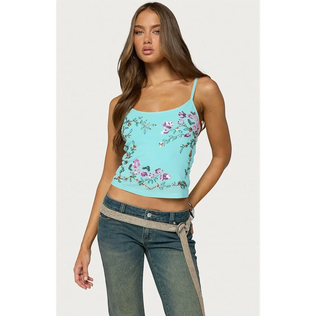 Edikted Women's Blair Floral Bead & Sequin Mesh Top