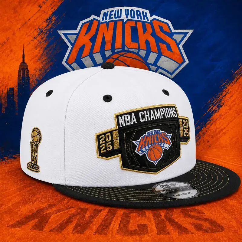New Era New York Knicks White Black Conference Champions Finals Adjustable Snapback Hat, NBA Basketball Cap, Official Team Fan Hat, Flat Bill Baseball Cap, Adjustable Trucker Hat, Sports Streetwear, Game Day Gift, Unisex Casual Headwear