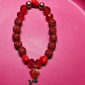 Red Rhinestones Beads with Rose Charm Bracelet for Women