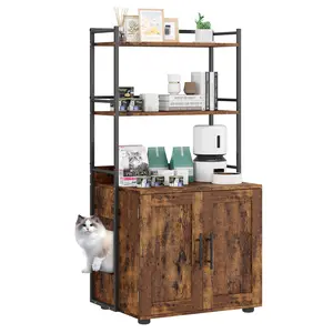2 in 1 Grey Cat Litter Box Enclosure with Door and 3 Shelves, Hidden Cat Washroom Furniture, Indoor Cats Furniture