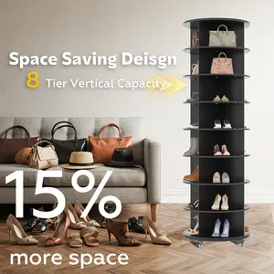 AECOJOY 8-Tier 360° Rotating Shoe Rack with 4 Universal Casters Natural Wood Display Storage for Handbags & Closet Footwear Organization