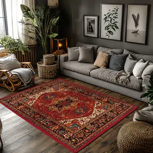 Vintage Oriental Persian Floral Crystal Velvet Area Rug Red Traditional Non‑Slip Antique Living Room Rug#VintagePersianRug #OrientalFloralRug #TraditionalHomeDecor #RedAntiqueCarpet #CrystalVelvetRug