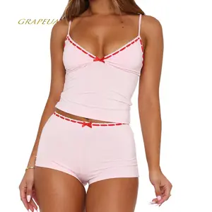 Women Pajamas Set 2 Pieces Loungewear Suits Bow Decor V-Neck Sleeveless Cami Tops and Shorts Sleepwear Outfits