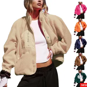 SCUSTY Women's Sherpa Lined Fleece Jacket Winter Warm Cropped Outerwear with Pockets