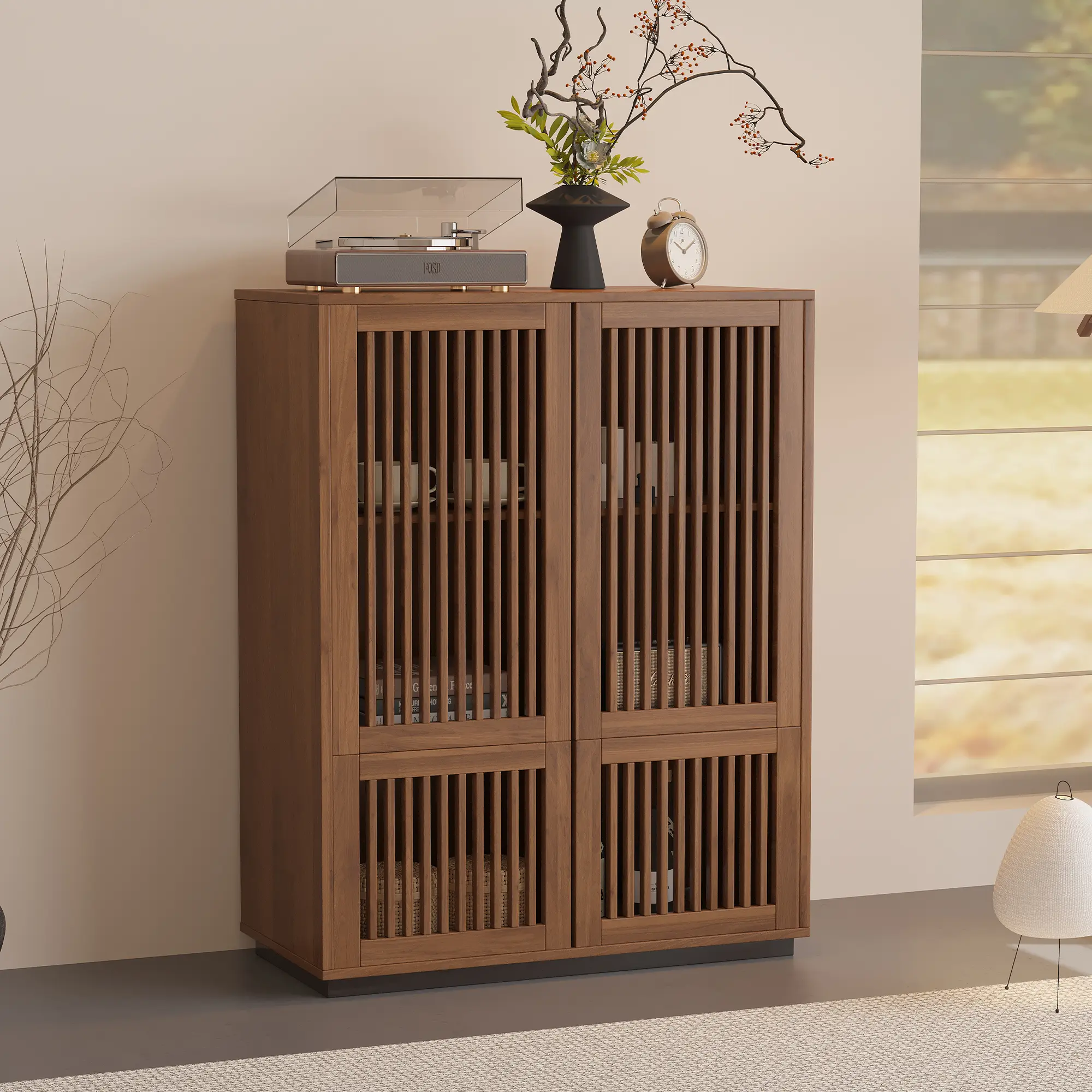 Brown Modern 34.84" 4-Door Storage Cabinet - MDF Panels, Solid Wood Slats, Natural Finish - Indoor Sideboard with Cabinet Enclosure & Compartments for Dining Room, Living Room Furniture, Cabinet Enclosure Living Room Furniture
