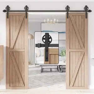 Wood Double Sliding Barn Door Hardware, Basic Black Big Spoke Wheel Roller Kit, Adjustable 5-18FT, Easy Installation for Interior/Exterior Sliding Doors, DIY Barn Door Track System