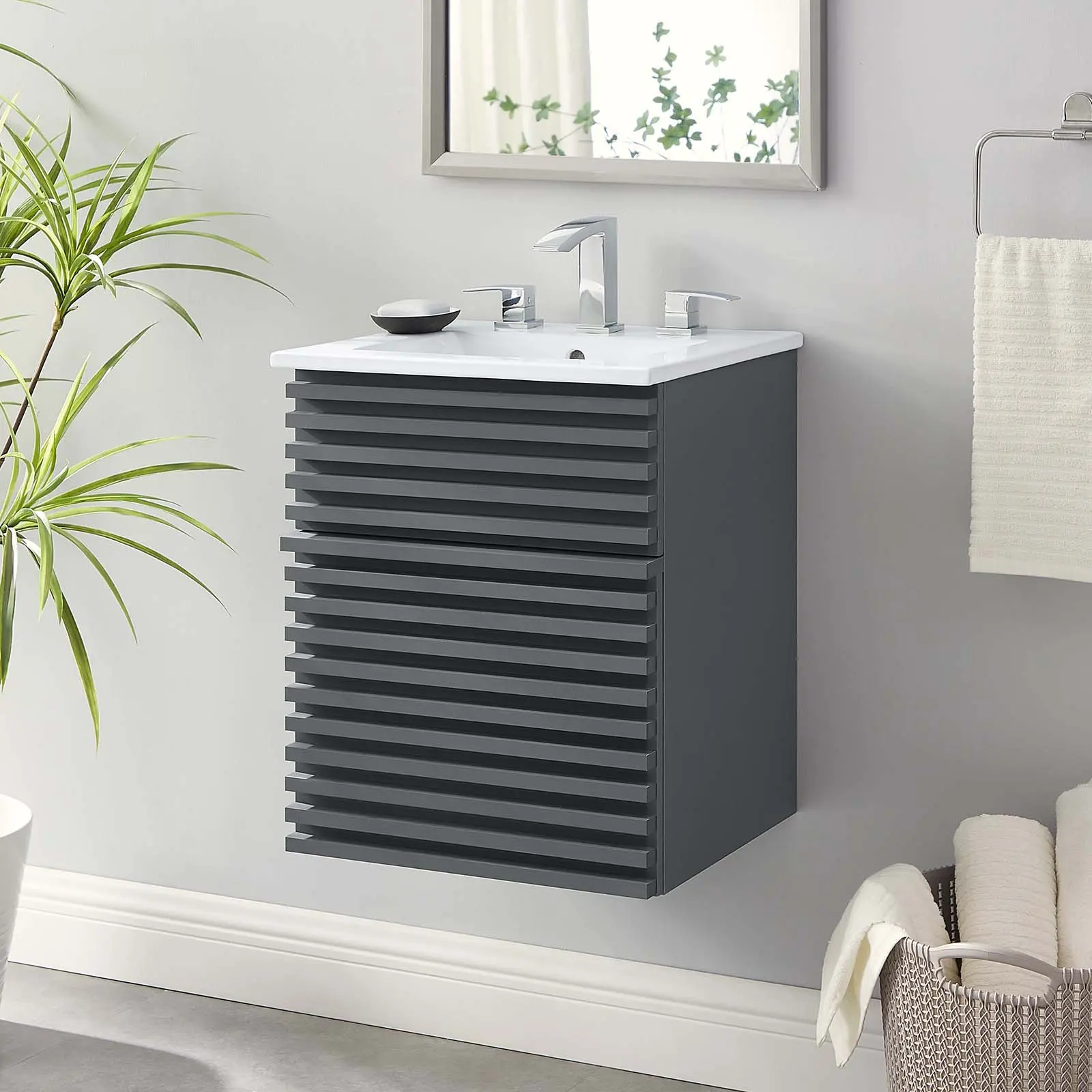Modway Render 18" Modern Wall-Mount Bathroom Vanity with Ceramic Sink, Gray White Finish