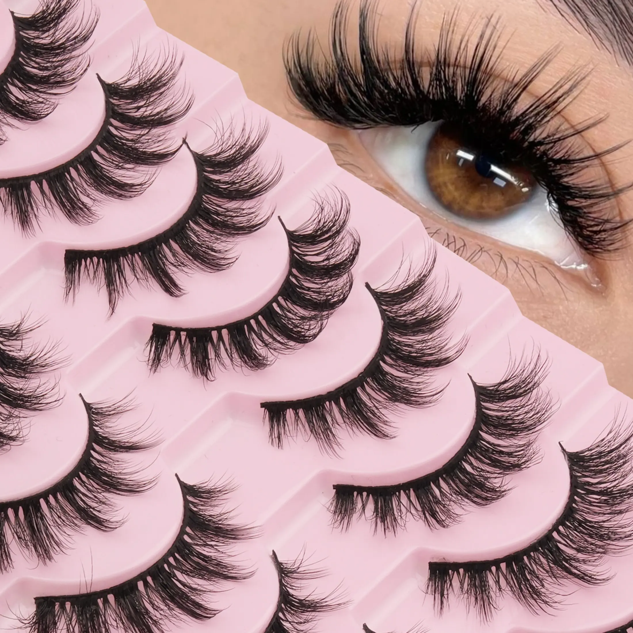 10 Pairs Natural Dense 3D Multi-Layer D-Shape Russian Luxurious Fake Eyelashes, High Curl, Thick Strip Lash Extensions, Travel Essential, Cosmetic