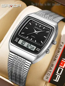 Sanda Classic Steel Band Electronic Watch, Tonneau Case, 3 Time Zone, Waterproof, Multi-Function Alarm, Analog Display, Resin Material, Business Fashion Watch