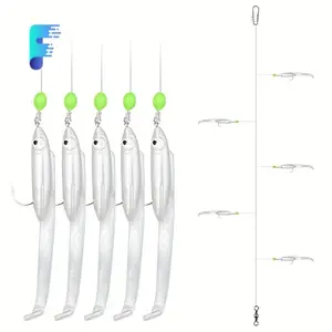 Five-hook Sabiki rig with soft bait eel lures, marine fishing line hooks and barbless metal connectors