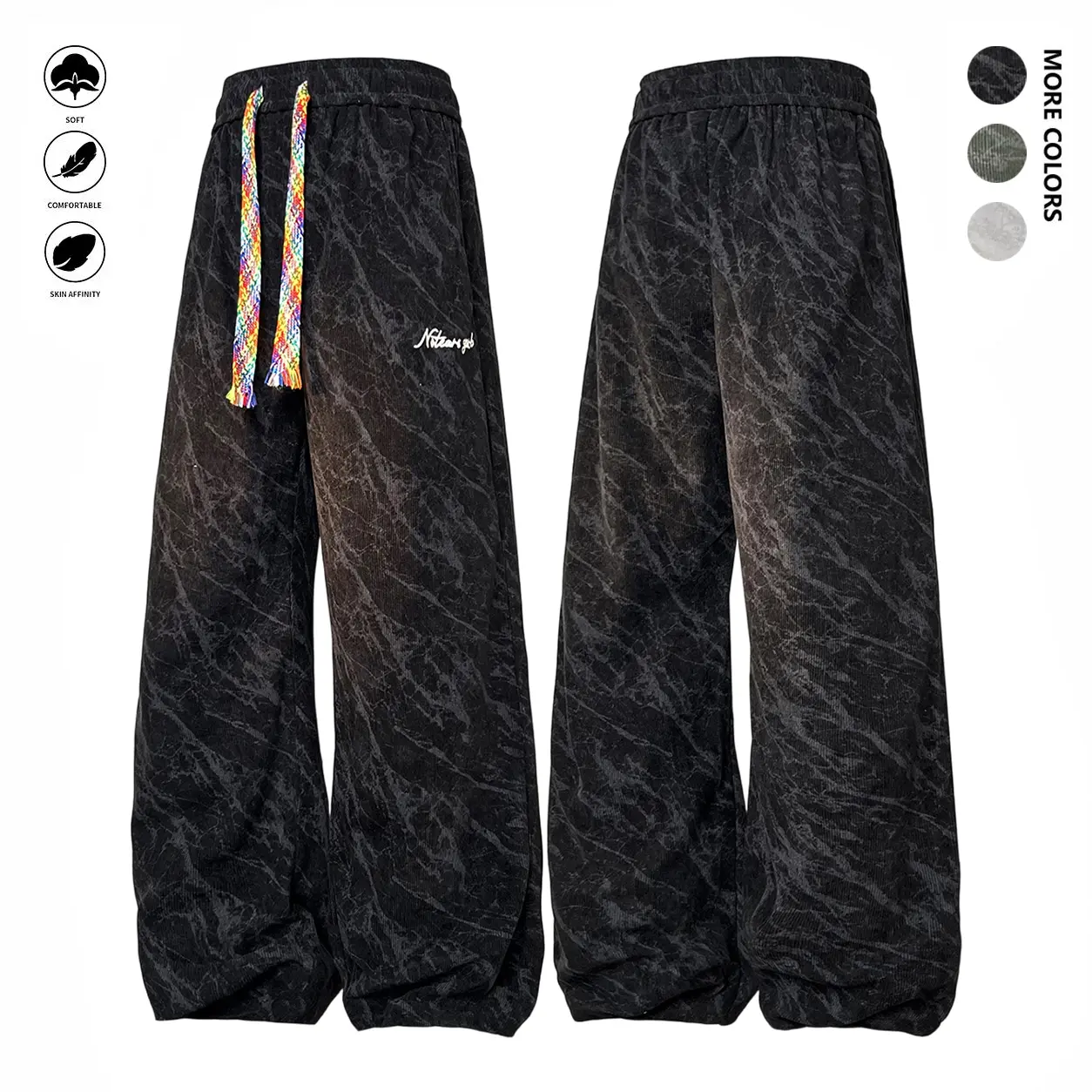 Unisex wide-leg athletic pants with marble texture, street-style running/basketball long pants featuring multicolor drawstrings and embroidered logo, summer edition