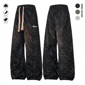 Men’s wide-leg marble athletic pants, street style running/basketball pants featuring colorful drawstrings and embroidered logo