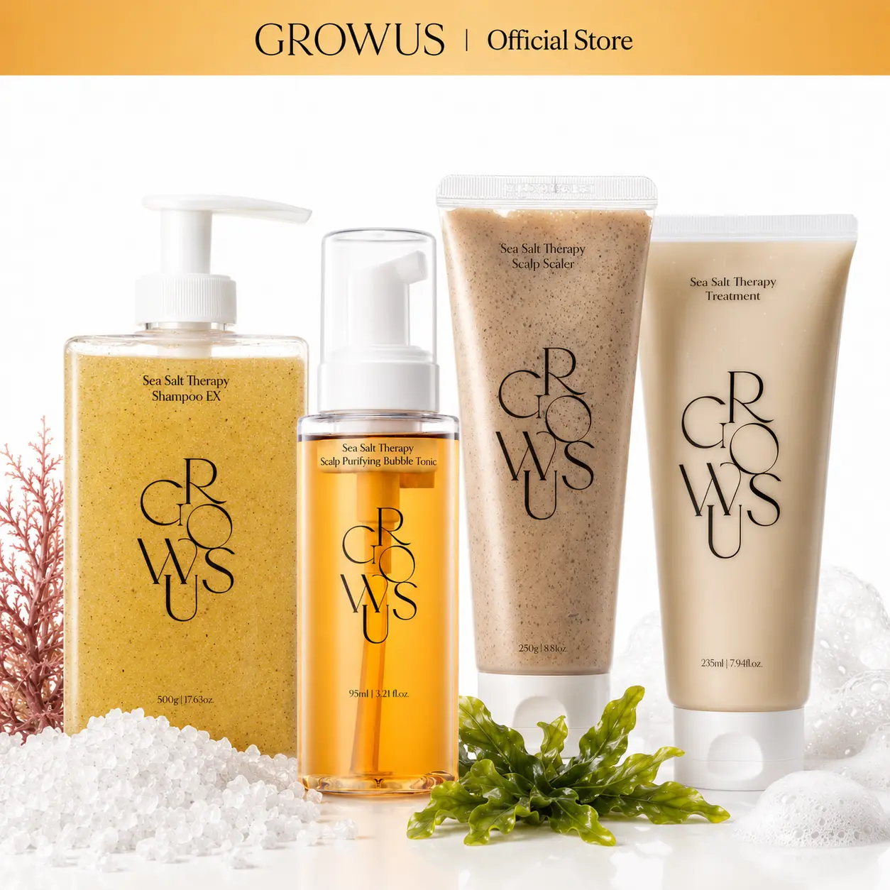[NEW] GROWUS Sea Salt Ultimate Scalp Detox Routine Set | K-Beauty Korean 4-Step Marine PDRN Buildup Reset with Bubble Serum for Oily Hair