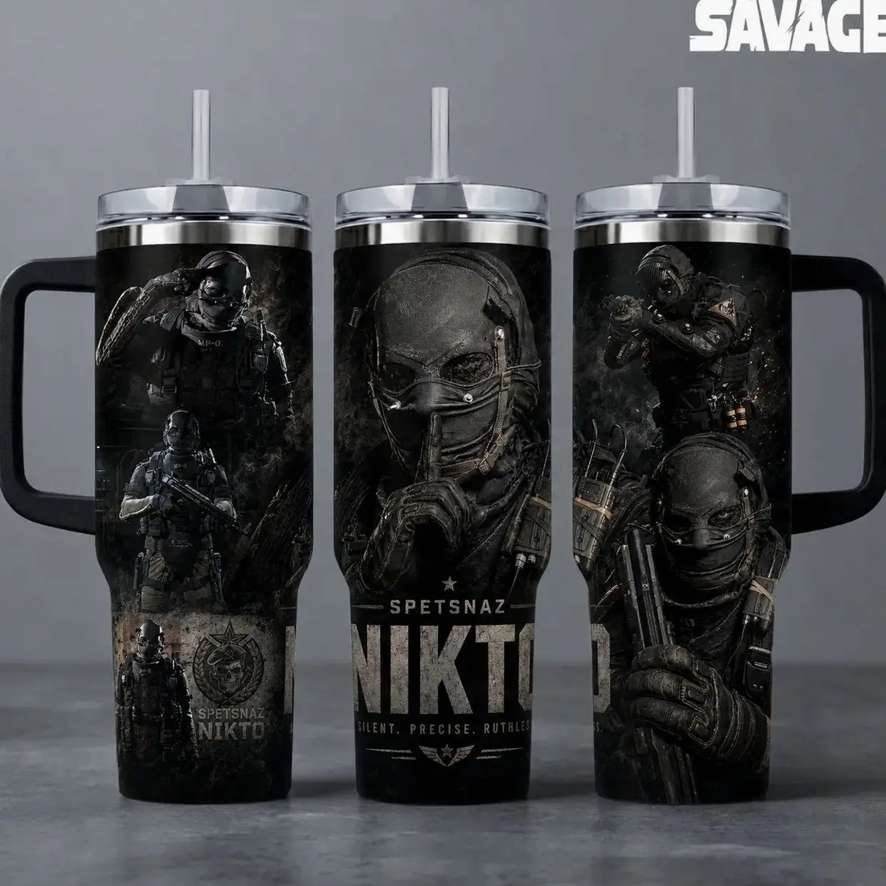Call of Duty "Nikto - Spetsnaz Silent Precise Ruthless" Gaming Tumbler, 20oz & 40oz Insulated Travel Mug with Handle. Military Tactical Operator Graphic Merch, Perfect Gift for COD Fans