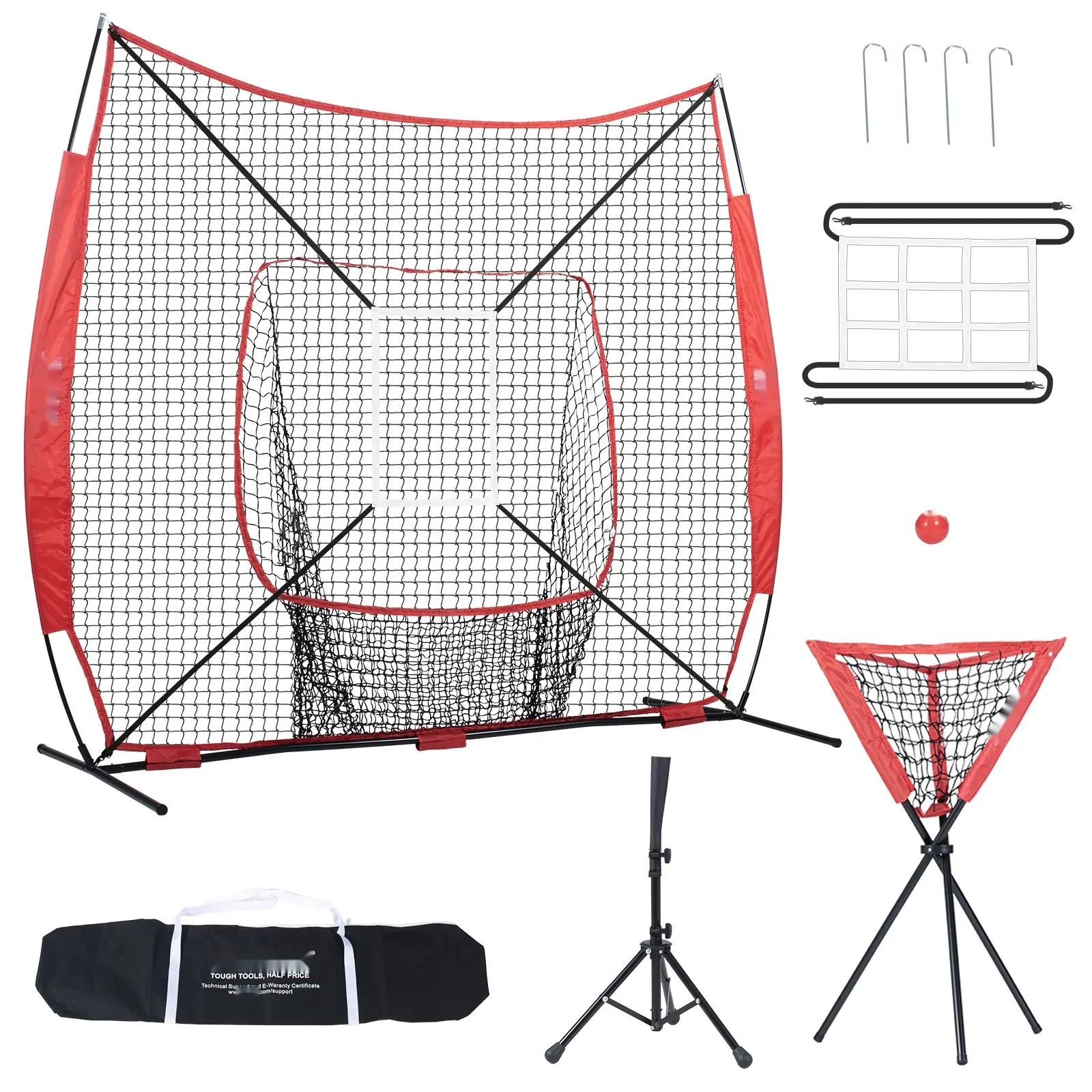 7x7 Ft Baseball And Softball Practice Net - Portable Training Net For Hitting, Catching, And Pitching; Backstop Equipment With Bow Frame, Carry Bag, Strike Zone, Ball Tee, Ball Collector, And Extra Stakes