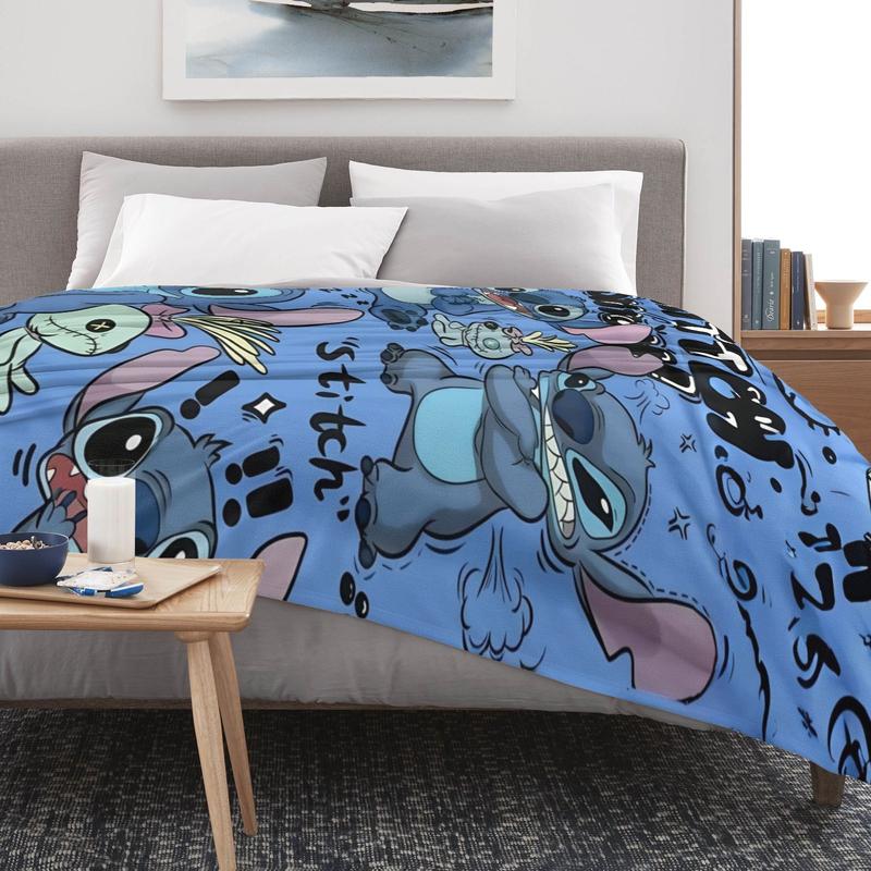 Disney Stitch Blanket Featuring Stitch & Angel Design in Four Sizes Soft Cozy Bedding for Fans with Floral Accents