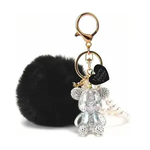 Kawaii Cute Bear Keychain for Women, Bling Gummy Bear Pom Pom Key Chain Girly Wristlet Keychain for Backpack