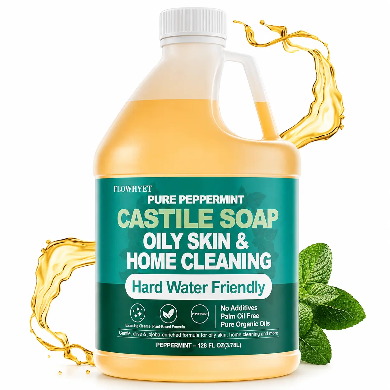 FLOWHYET 1 Gal Gentle Cleansing Organic Castile Liquid Soap, Fragrance-Free Vegan Hand Wash Refill, Hard Water Friendly for Oily Skin, Body Wash & Home Cleaning - Peppermint