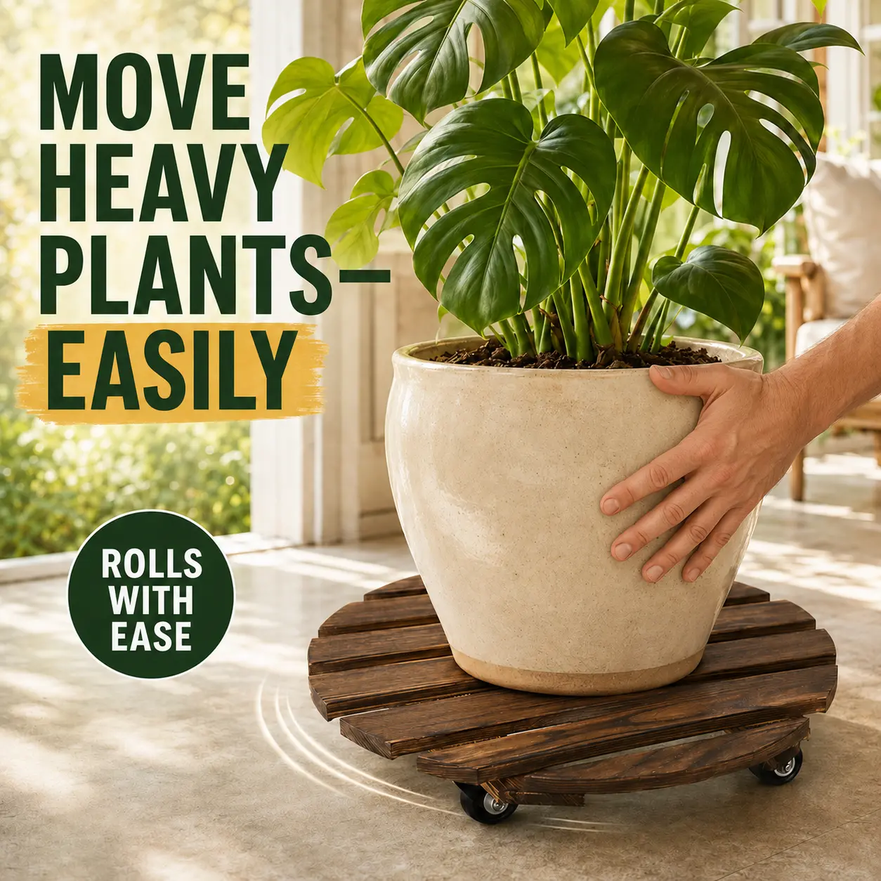 12 Inch Wooden Rolling Plant Caddy with Wheels, Round Wood Plant Stand Dolly for Indoor Flower Pots, Home, Balcony and Covered Patio