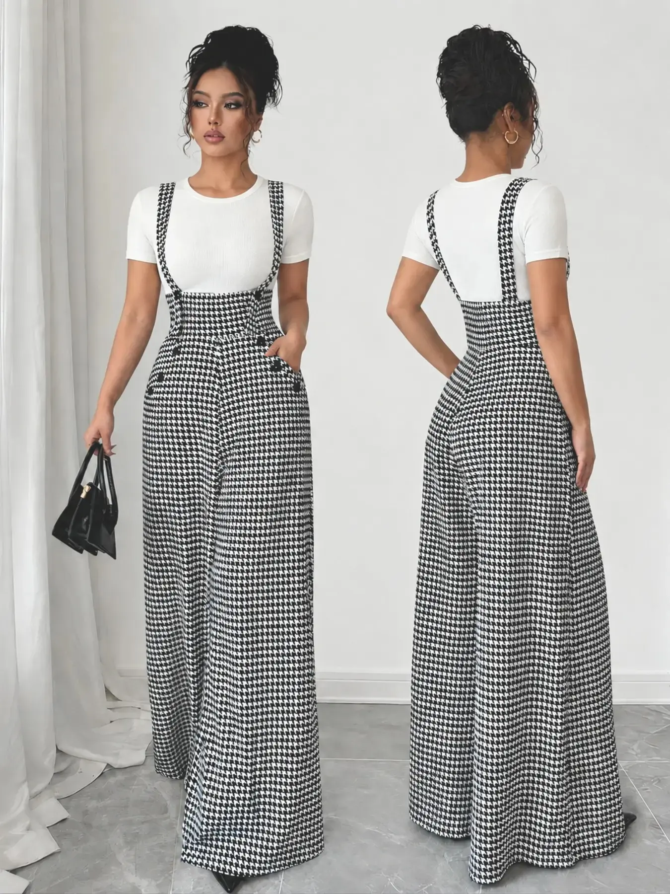 Women's Knitted Houndstooth Plaid Print Belted Pants, Button, Elegant Fall/Winter Fashion, Long Pants with Front Zipper and Pockets, Casual Commuter Wear, Womenswear, Casual High Rise, Fit