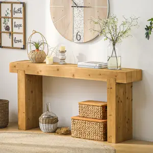 Rustic Farmhouse 63" Console Table with Storage Shelf Beaded Trim Boho Solid Wood Entryway Table for Hallway Couch 2 Tier Narrow Sofa Table Foyer Multi Purpose Organizer Modern Accent Natural Wood Materials
