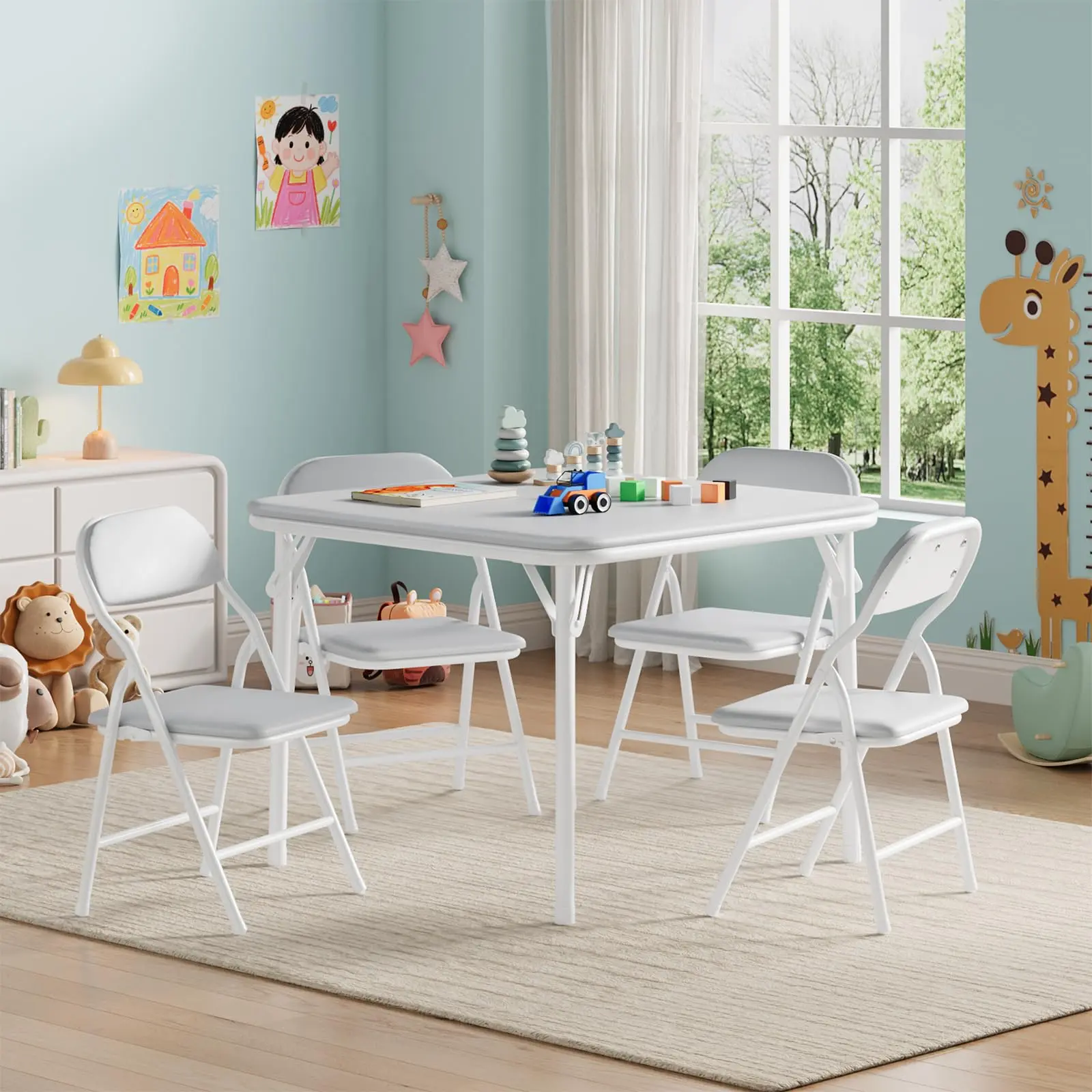 5 Piece Folding Kids Table and Chairs Set, Children Activity Table and Chairs Set for Dining Room,Daycare,Classrooms,Grey