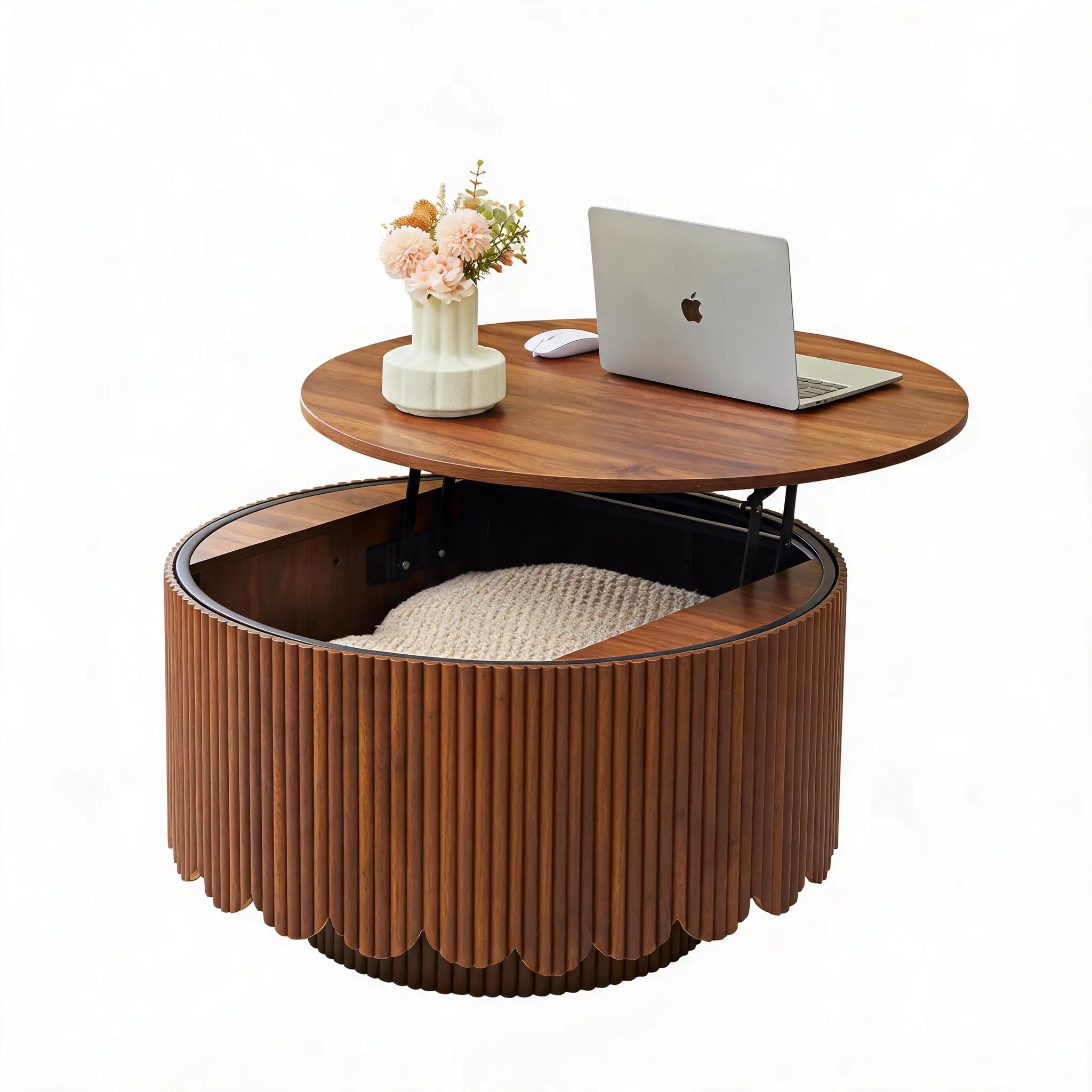 Giratree 31.5" Round Coffee Table with Storage, Mid Century Modern Coffee Tables with Fluted Base, Wooden Circle Accent Center Table for Living Room Small Space Apartment Office