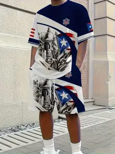 Men's Puerto Rico Flag & Coat of Arms Set, Printed Short Sleeve Tee + Shorts, Casual Sporty Style, Breathable Outdoor Wear, Summer 3D Print