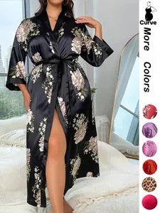 Plus Size Halloween Pumpkin Skull Print Belted Contrast Binding Wrap Robe, Elegant Soft Comfy V Neck Long Lounge Robe, Women's Sleepwear, Lady Summer Outfits 2024