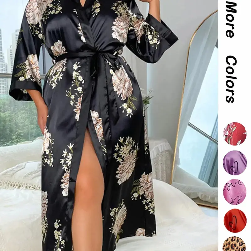 Women's Plus Size Wrap Robe with Pumpkin & Skull Print, Long Sleeve V-Neck Maxi Loungewear with Sash Tie, Sleepwear Costume Party Robe, Bathrobe with Belt