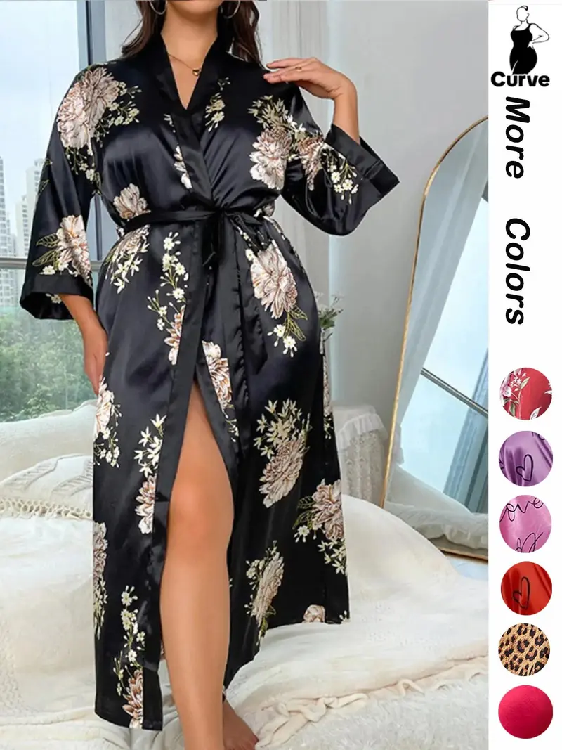 [Plus Size] Halloween Print Belted Wrap Long Sleeve Loose Loungewear Robe, Women Long Sleeves Nightwear, Fall Lady Long Lounge Robe Gowns, Halloween Pajamas, Robes for Women, Floral Print Robe, Wrapped Belted Robe, Casual Soft Bathrobe Womenswear Vneck