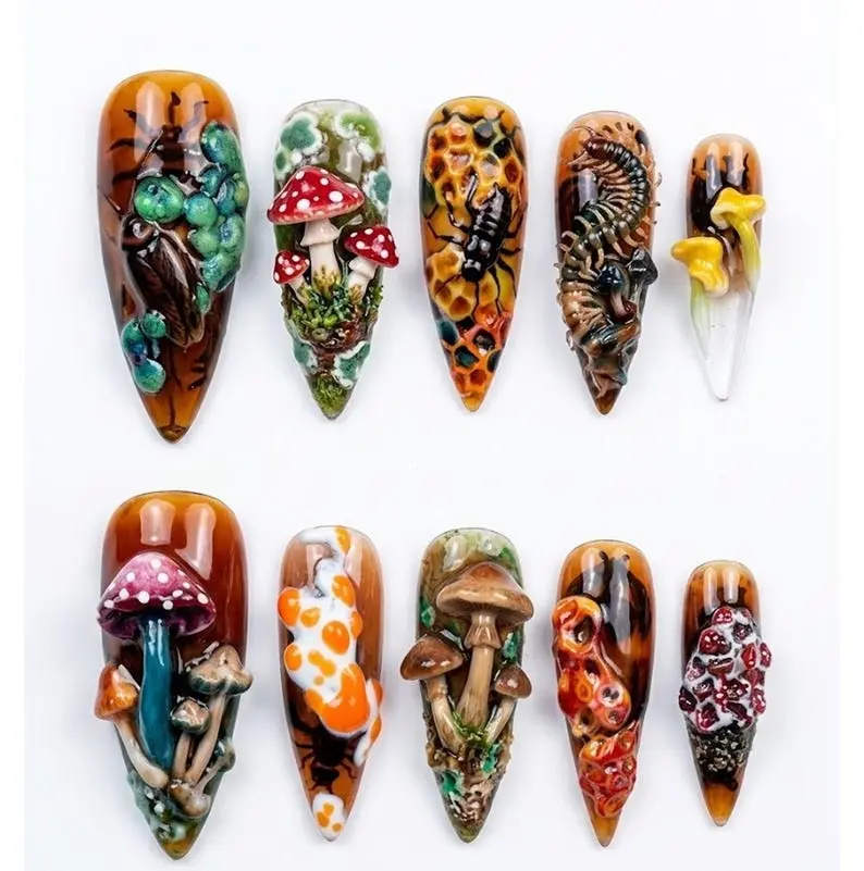 Press On Nails Goblincore Forest Floor 3D Terrarium Mushroom And Insect Decay Design
