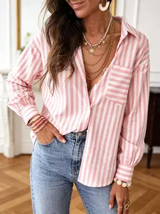 A women's pink and white striped patch pocket design, lantern sleeve Polo collar shirt top, suitable for spring and summer, suitable for daily attendance dating party Blouse Casual Blouses