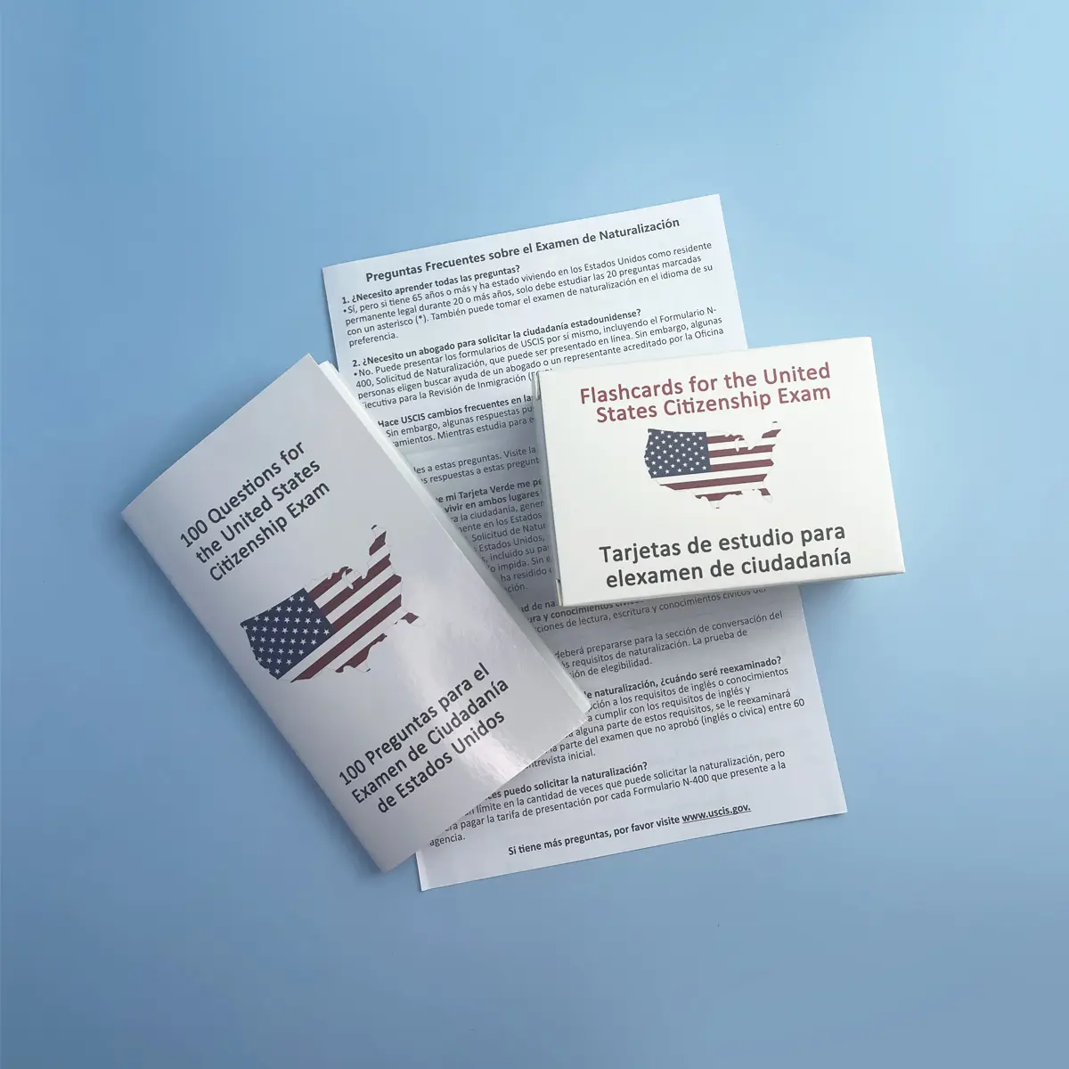U.S. Civics Test Flash Card Combo Set (Bilingual Cards and Booklet: English/Spanish) with 100 Common Questions. An ideal study tool with a bilingual f