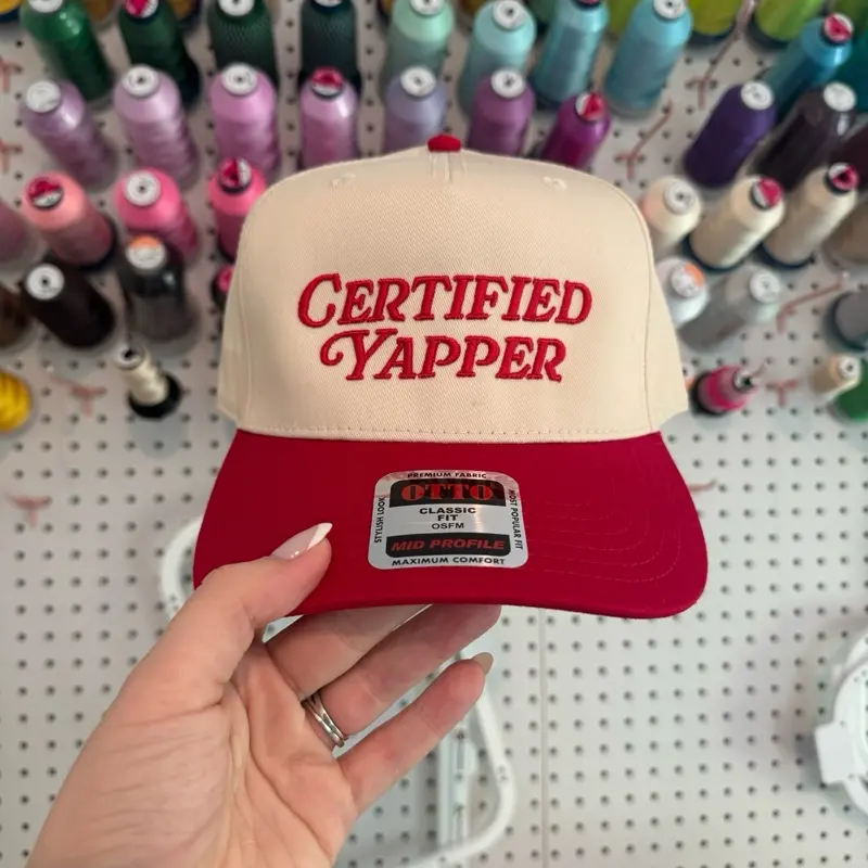 Certified Yapper Embroidered Trucker Hat – Retro Red & Cream Snapback
